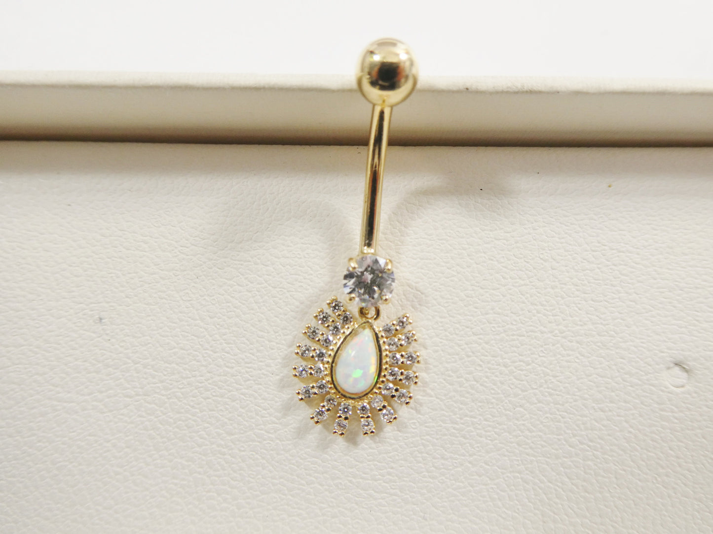 14k real solid yellow gold dangling barbell opal belly button ring piercing