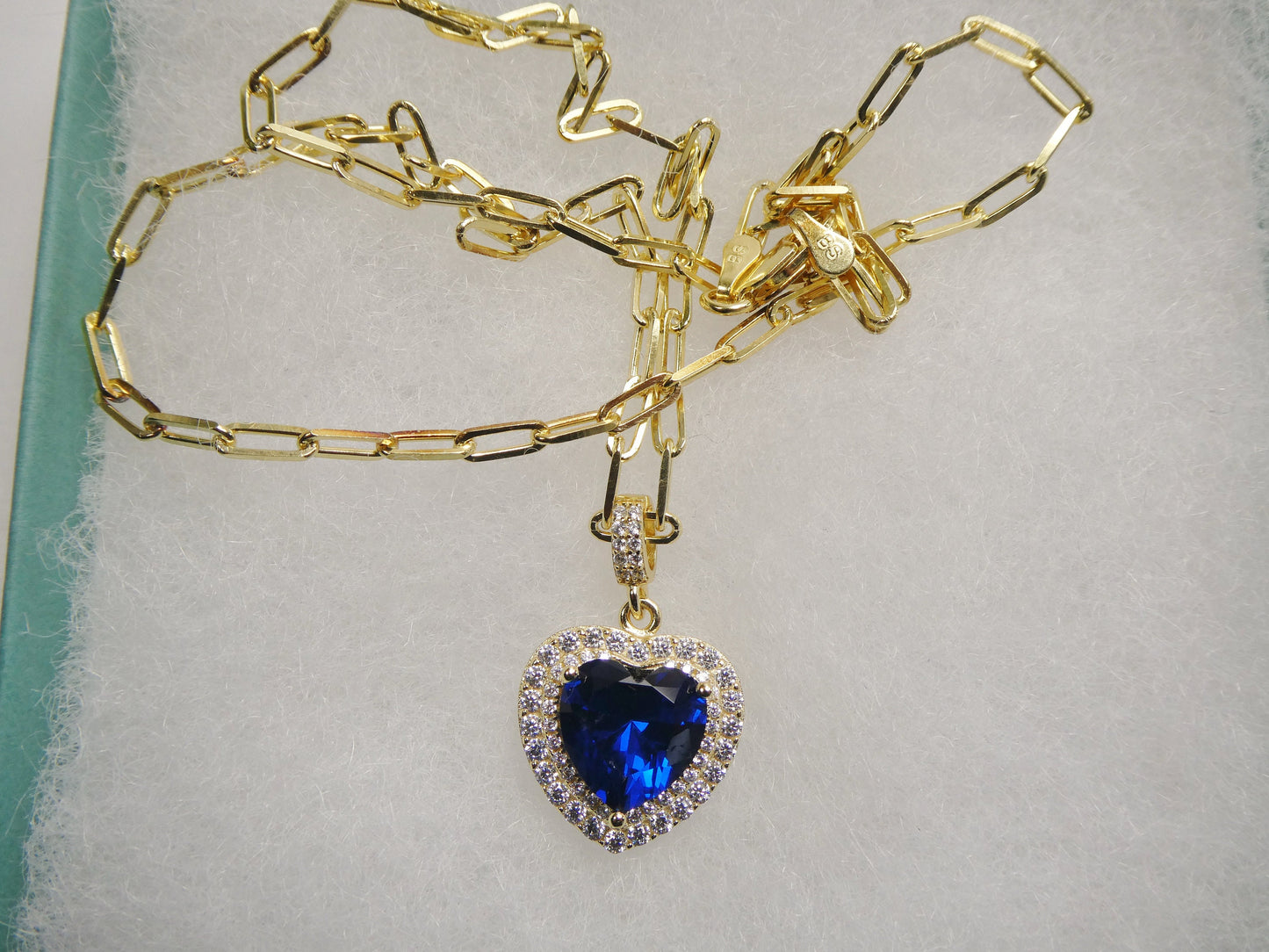 real 925 sterling silver heart blue color stone 14k yellow gold color finish