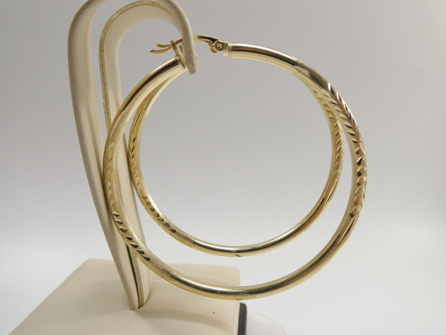14K real solid yellow gold 55mm round hoop earring snap closure diamond cut finish