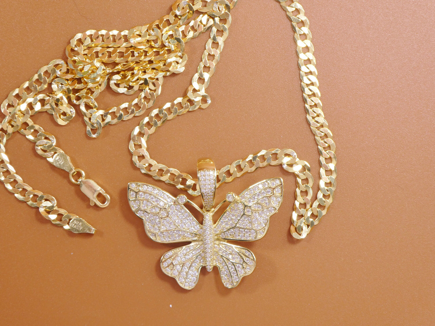 14k yellow gold color tone chain and large butterfly charm pendent over real 925 sterling silver