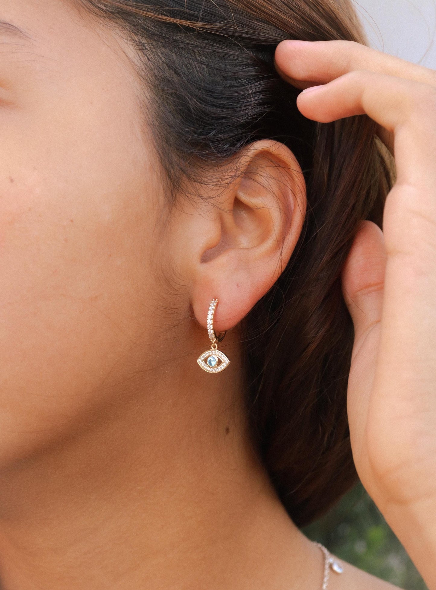real 10k solid yellow gold evil eye drop hoop huggie earrings