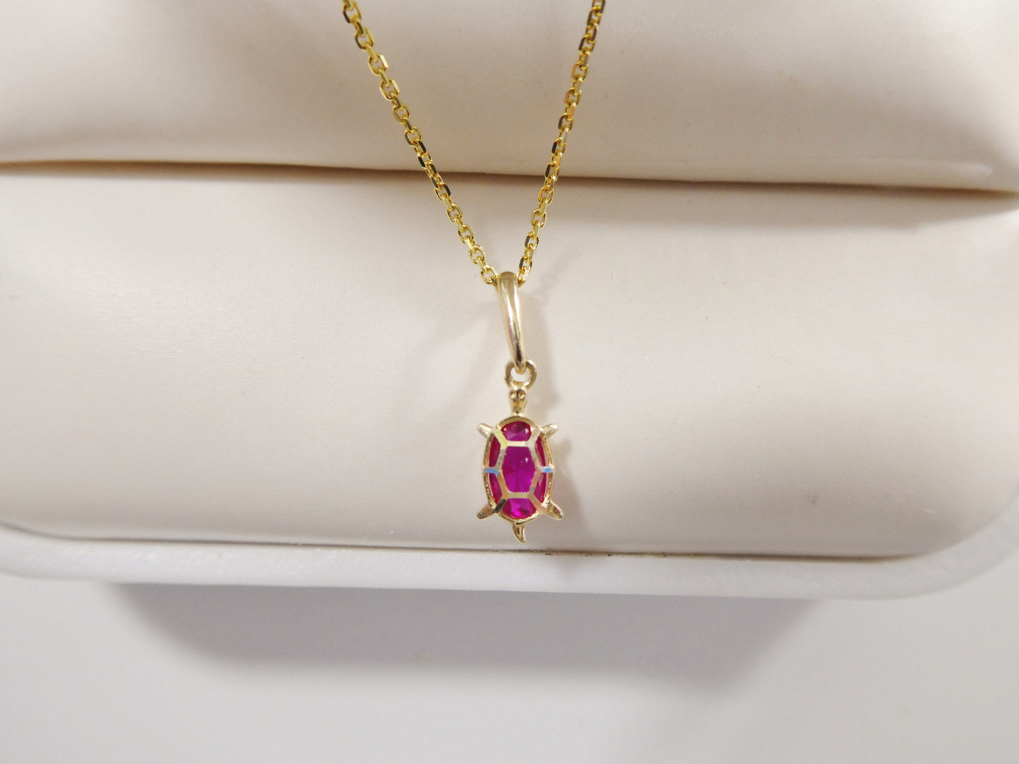 14k real solid yellow gold tiny color stone turtle pendent and cable necklace