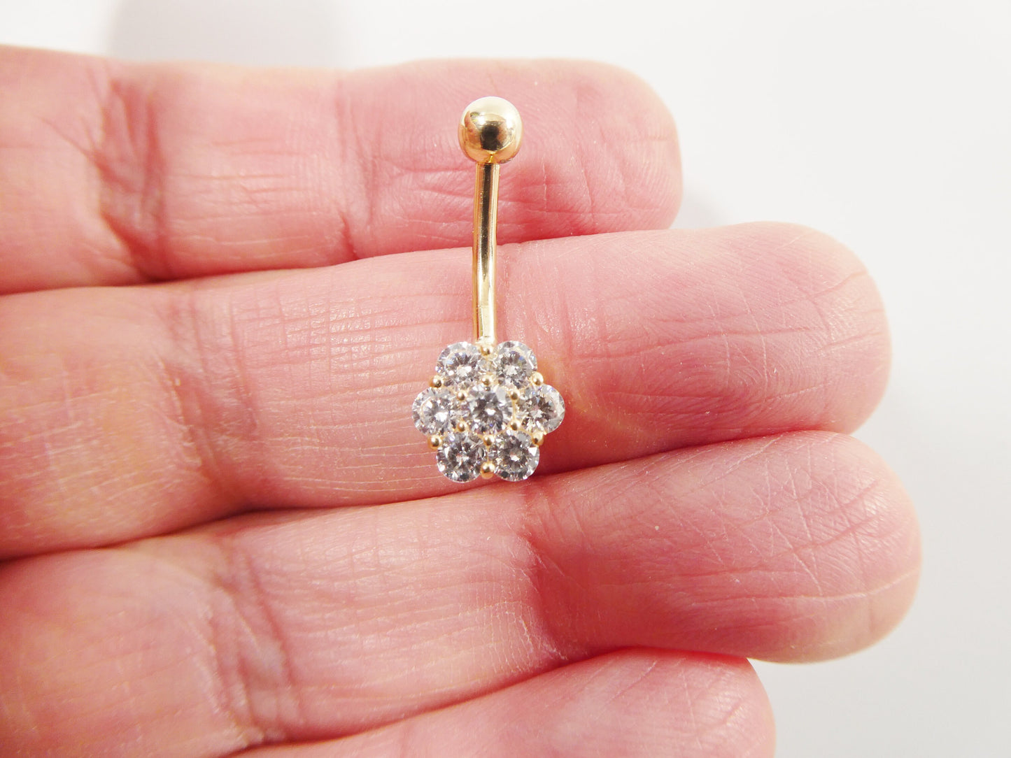 14k real solid yellow gold full stone flower belly button ring piercing