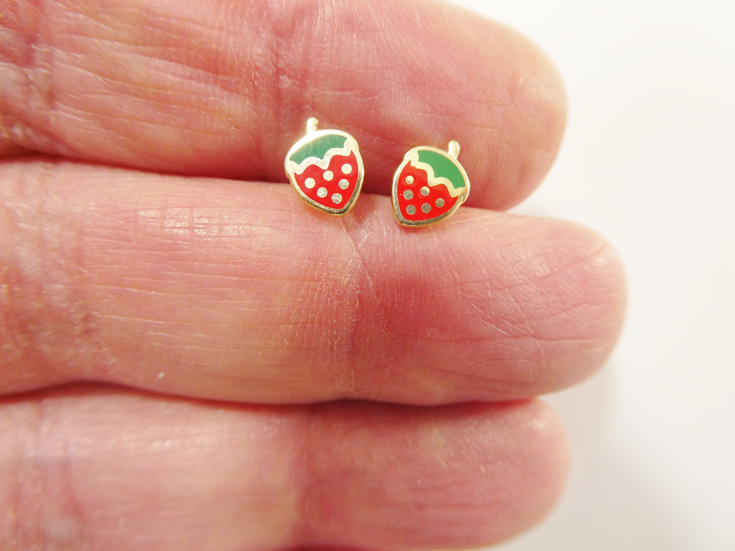 10k real solid gold kids enamel strawberry screw post earrings