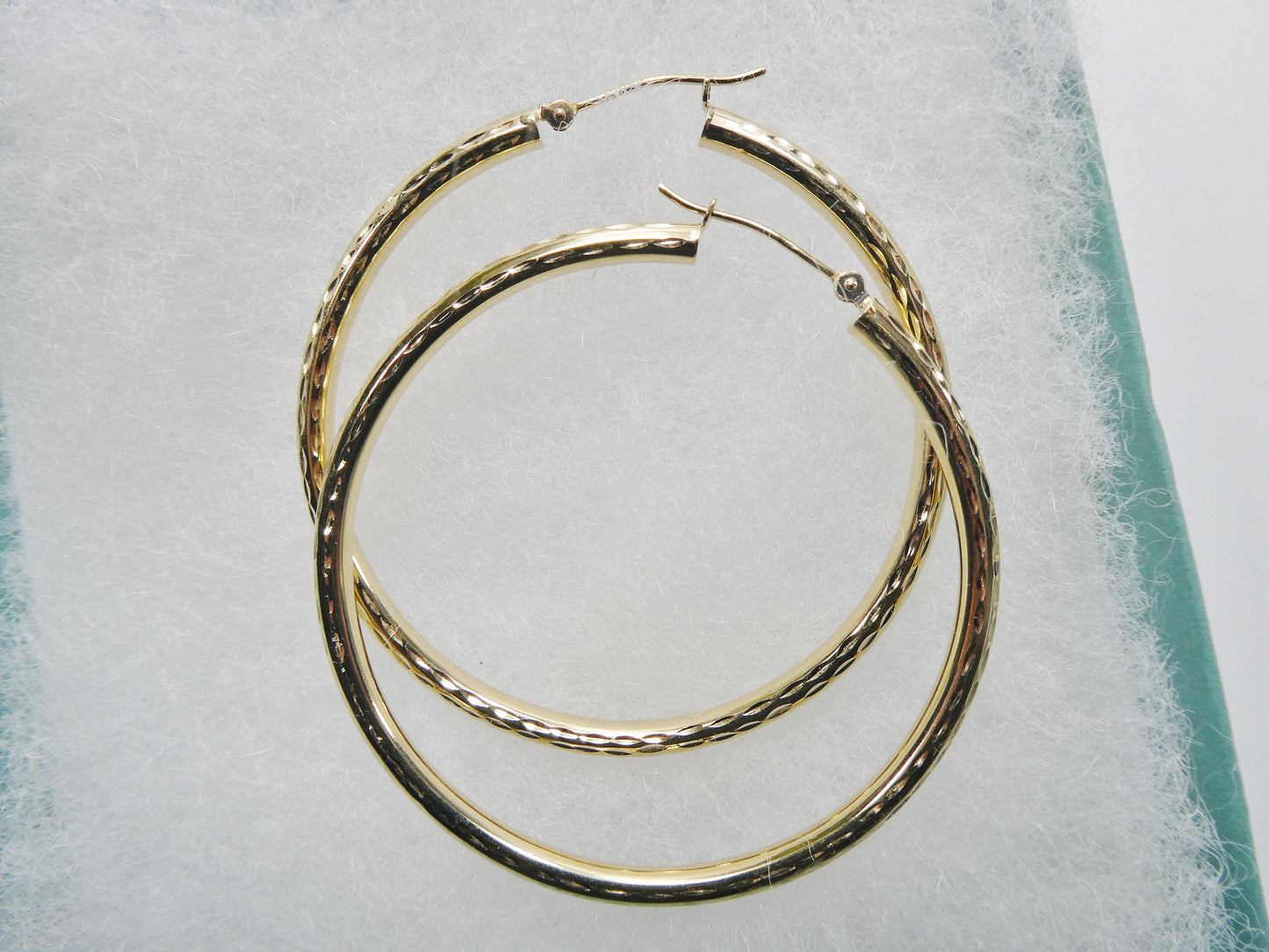 14K real solid yellow gold 50mm round hoop earring snap closure full diamond cut finish