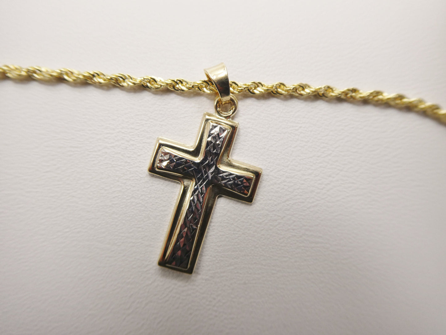 14k real solid yellow gold two tone cross pendent and robe necklace