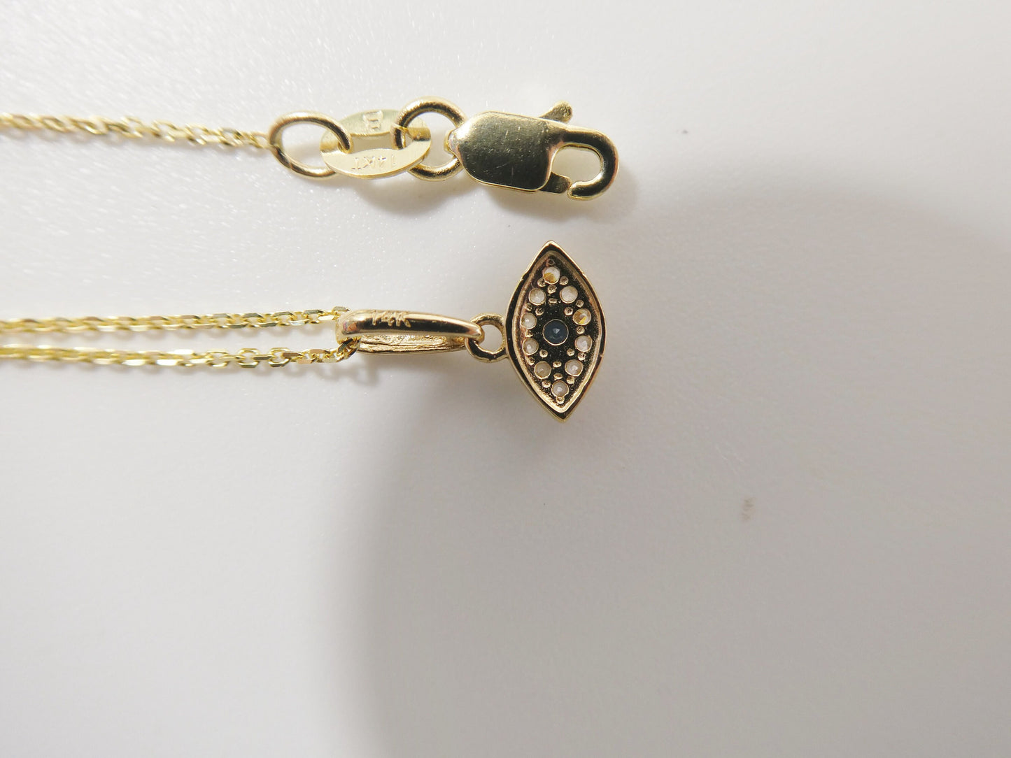 14k real solid yellow gold small evil eye pendent and cable necklace