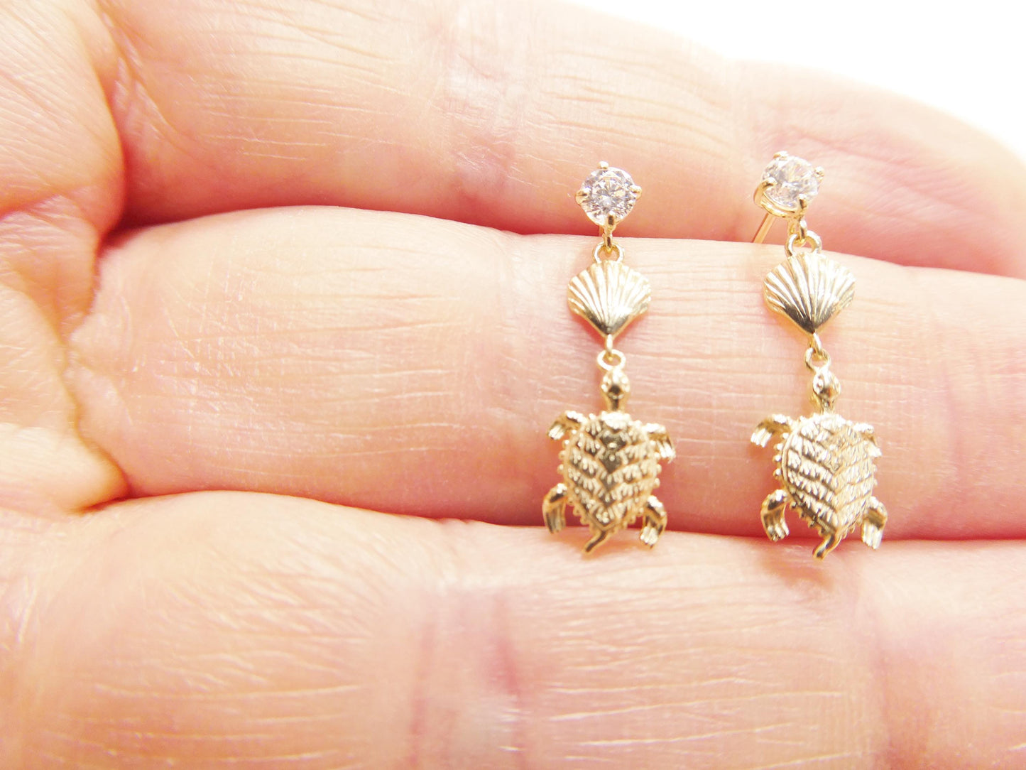 real 10k solid yellow gold turtle dangling push post earrings