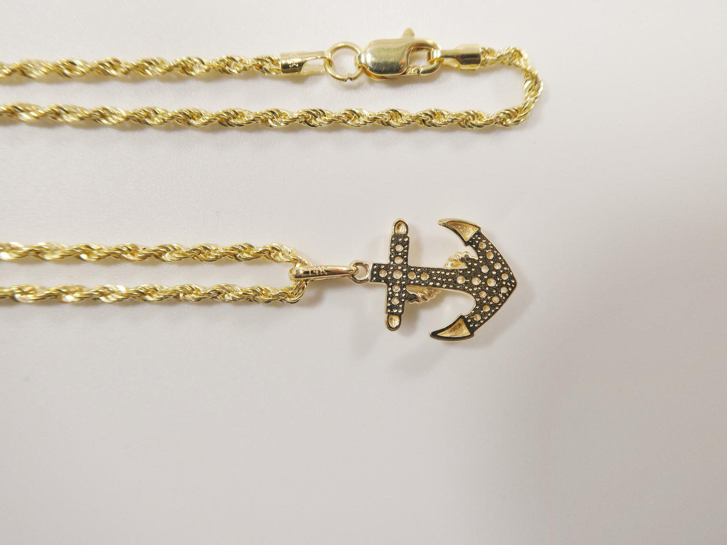 14k real solid yellow gold anchor pendent and rope necklace
