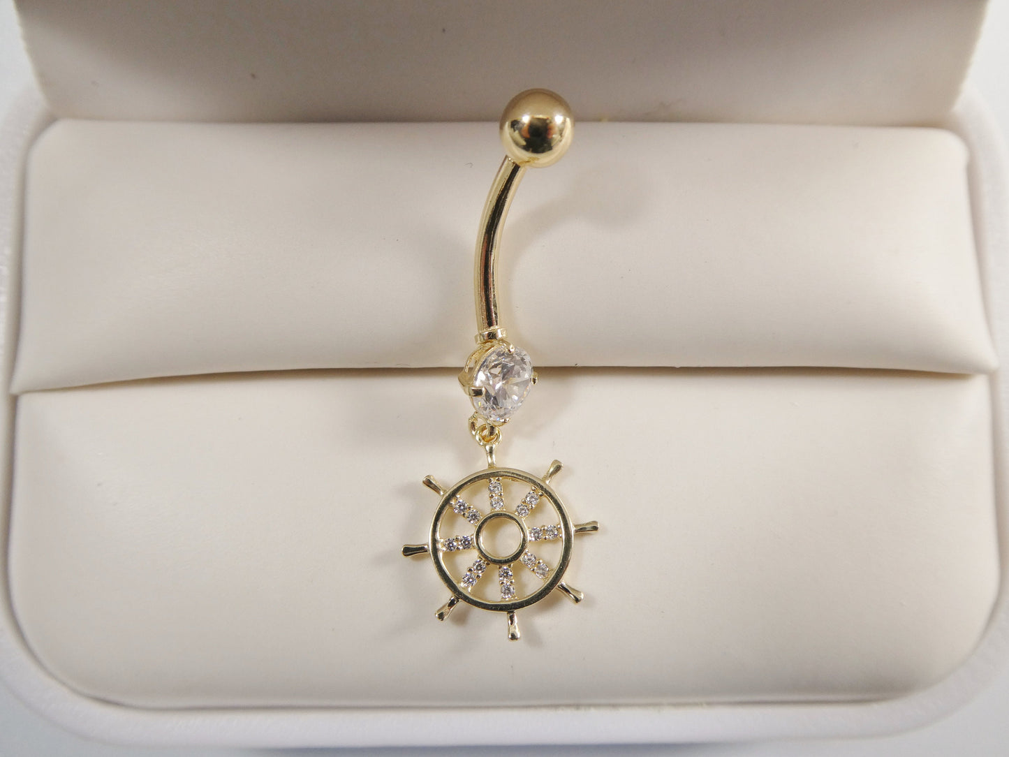 14k real solid yellow gold ship wheel dangling belly button ring piercing