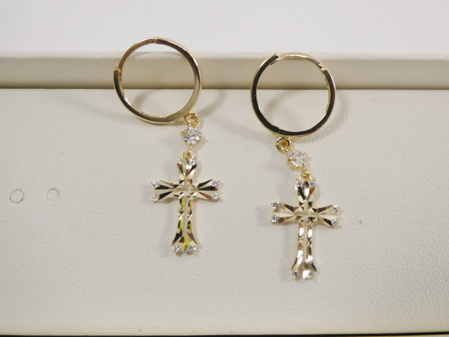 10k real solid yellow gold full laser cut cross dangle on plain huggie hoop fancy earring