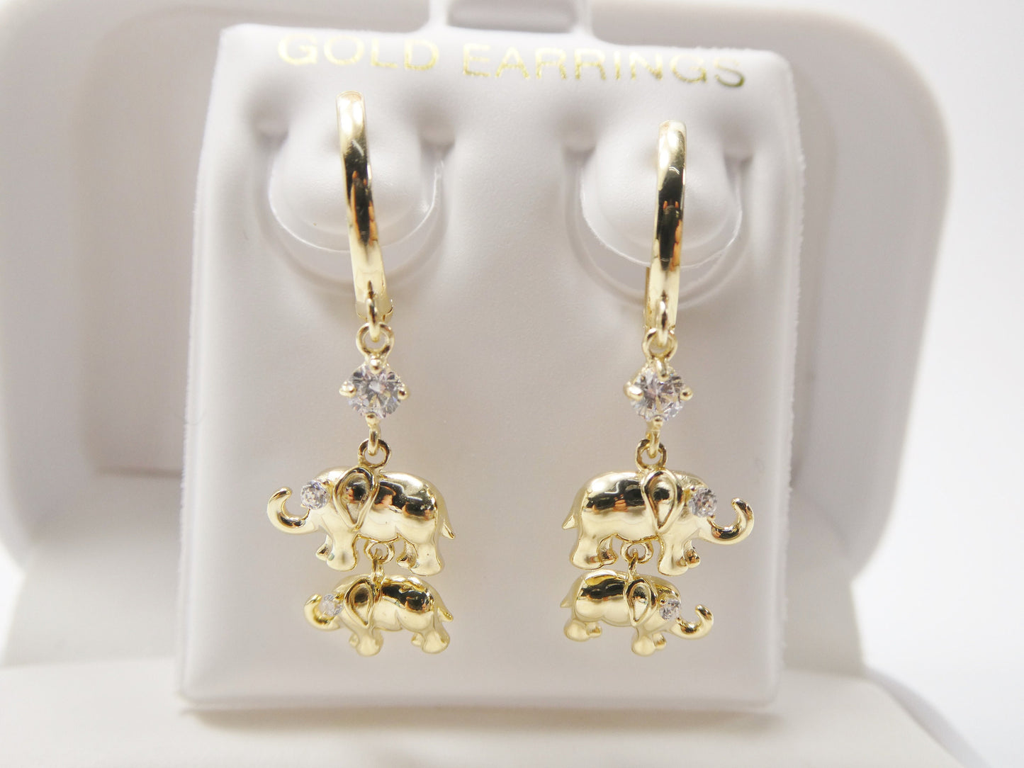 real 10k solid yellow gold double elephant dangling hoop huggie earring