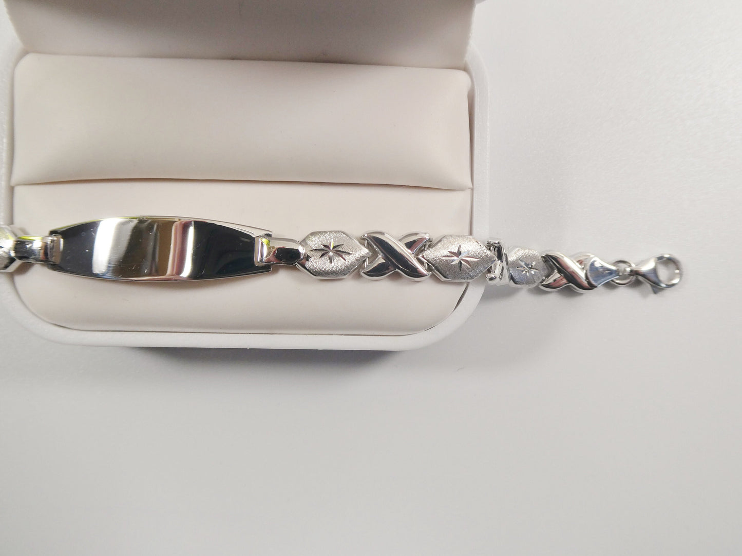 real 925 sterling silver stampato ID bracelet xo xo x heart 14k white gold finish