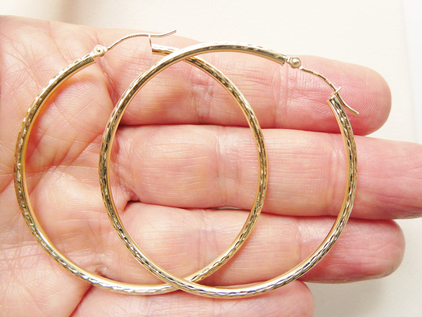 10K real solid yellow gold 50mm round hoop earring snap closure full diamond cut finish