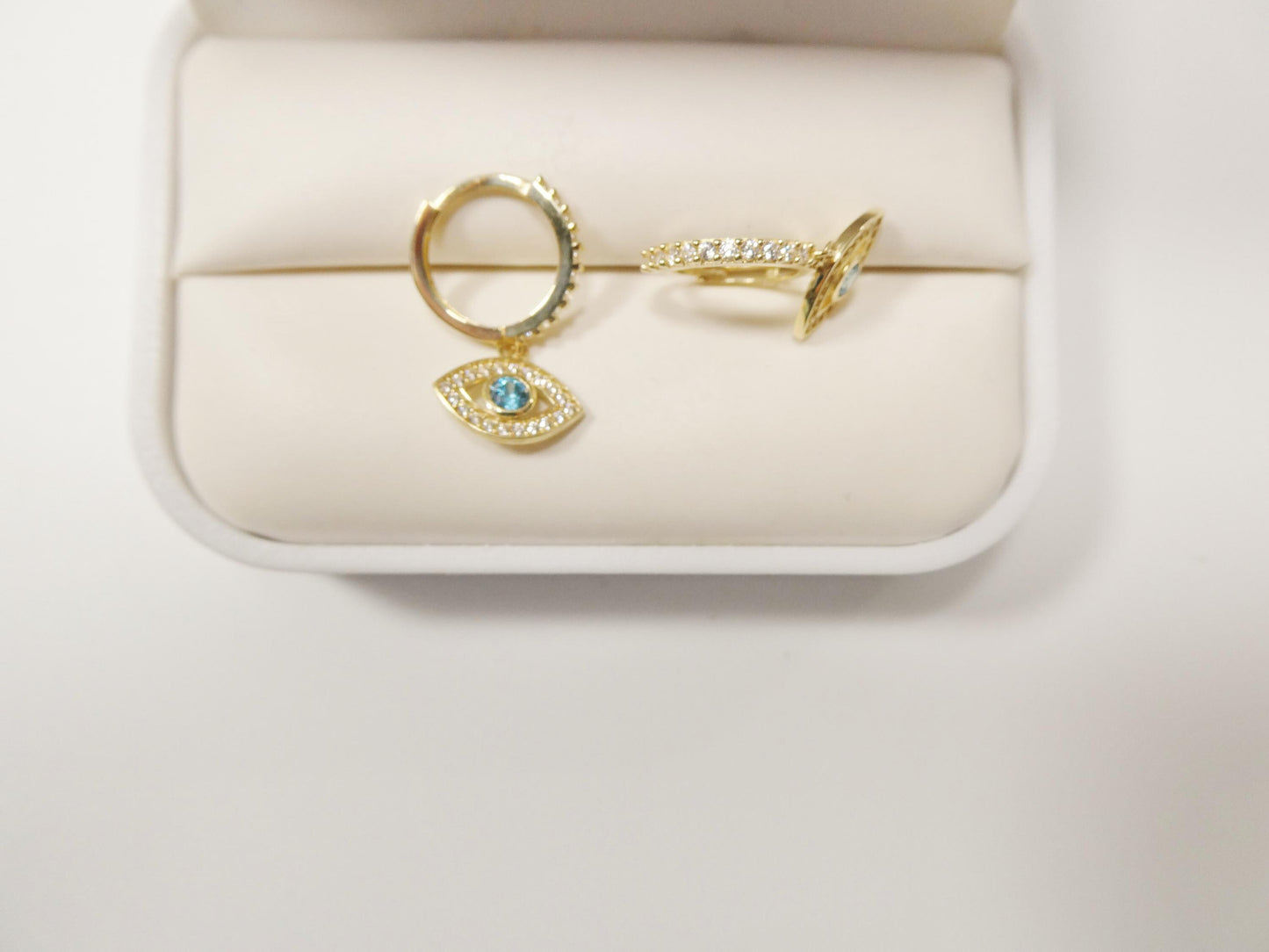 real 10k solid yellow gold evil eye drop hoop huggie earrings