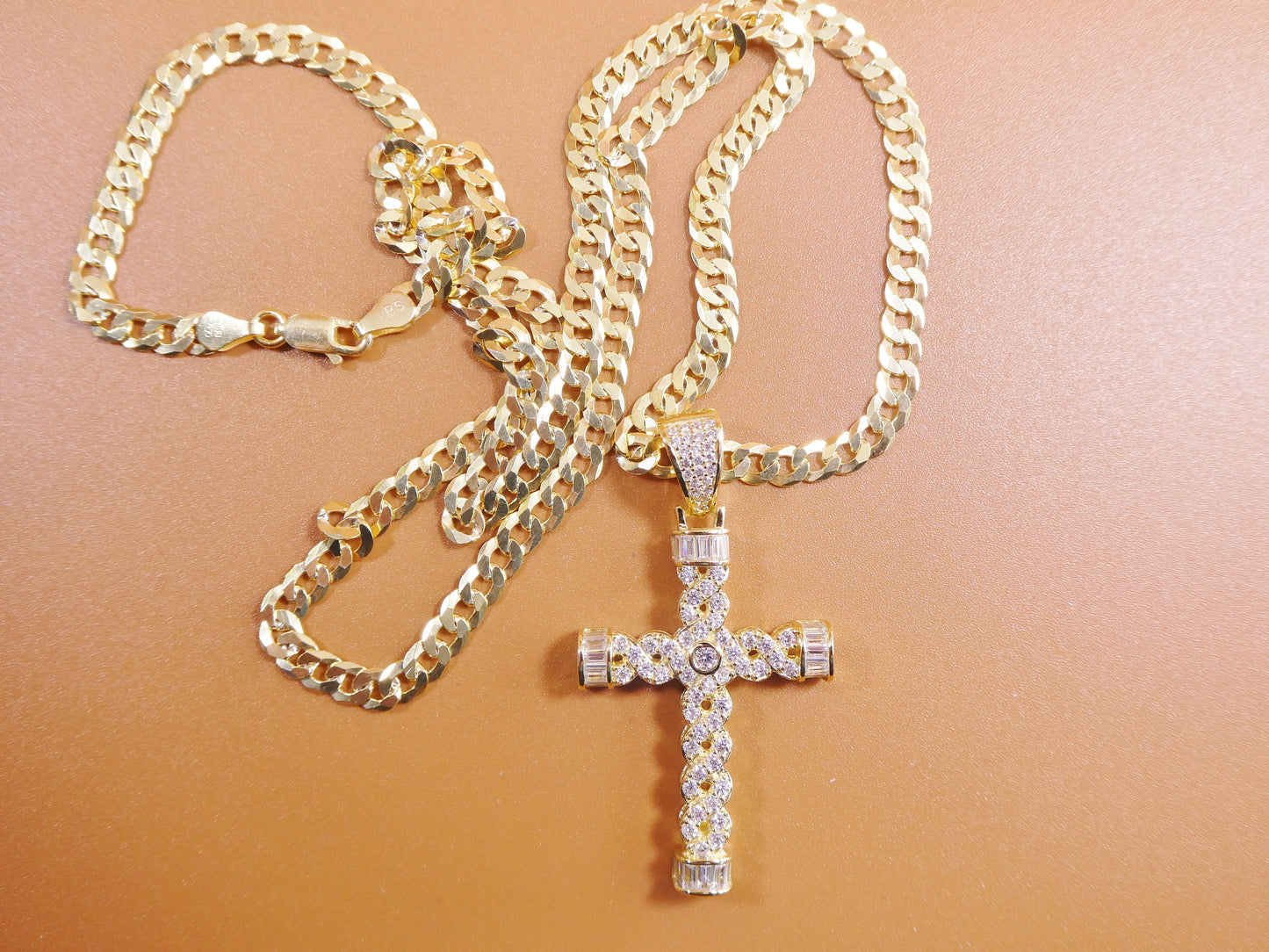 14k yellow gold color tone chain and cross charm pendent over real 925 sterling silver
