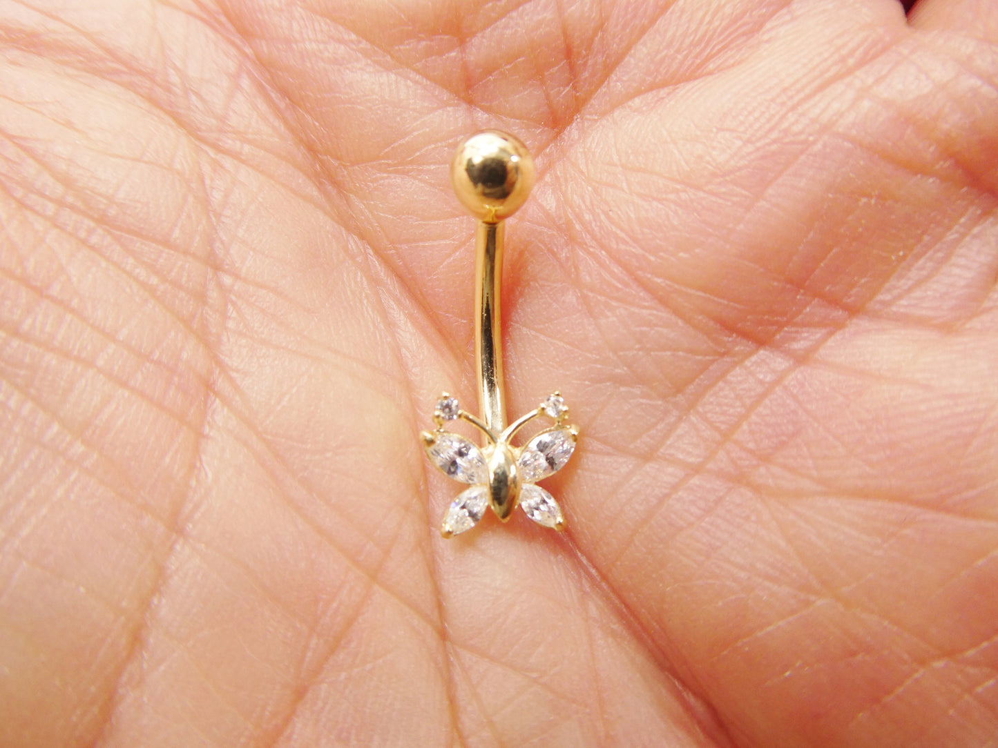 14k real solid yellow gold butterfly belly button ring piercing