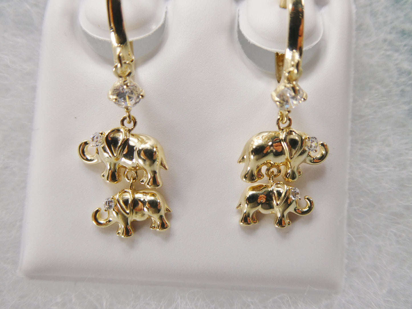 real 10k solid yellow gold double elephant dangling hoop huggie earring