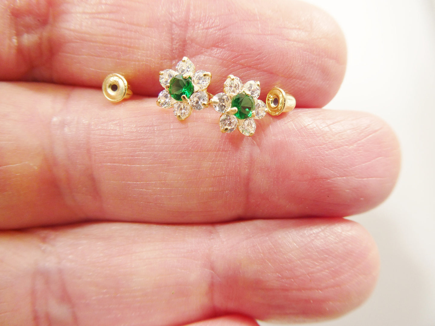 10k real solid yellow gold birthstone screw back earrings large flower shape