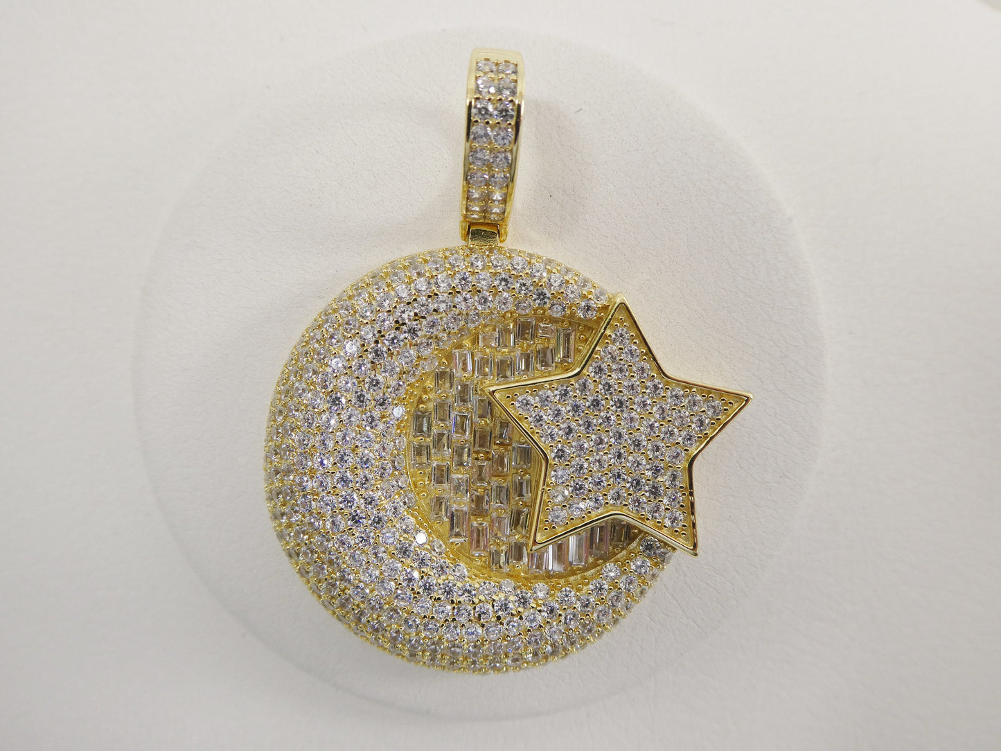 real 925 sterling silver large Muslim moon and star pendent full ice stone charm