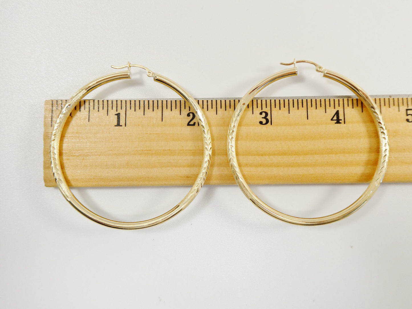 14K real solid yellow gold 55mm round hoop earring snap closure diamond cut finish