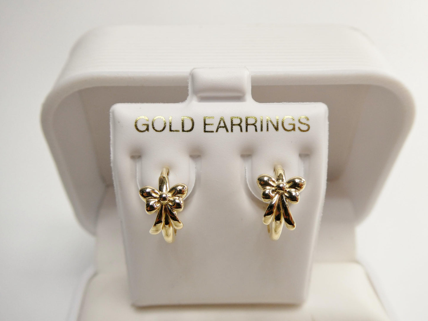real 10k solid yellow gold designer bow flower hoop huggie earrings