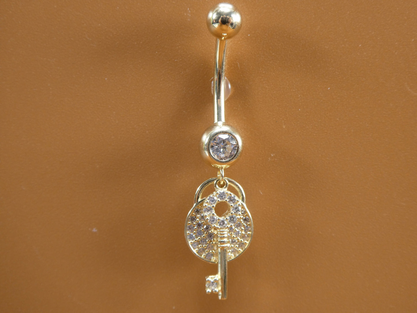 14k real solid yellow gold dangling lock and key belly button ring piercing
