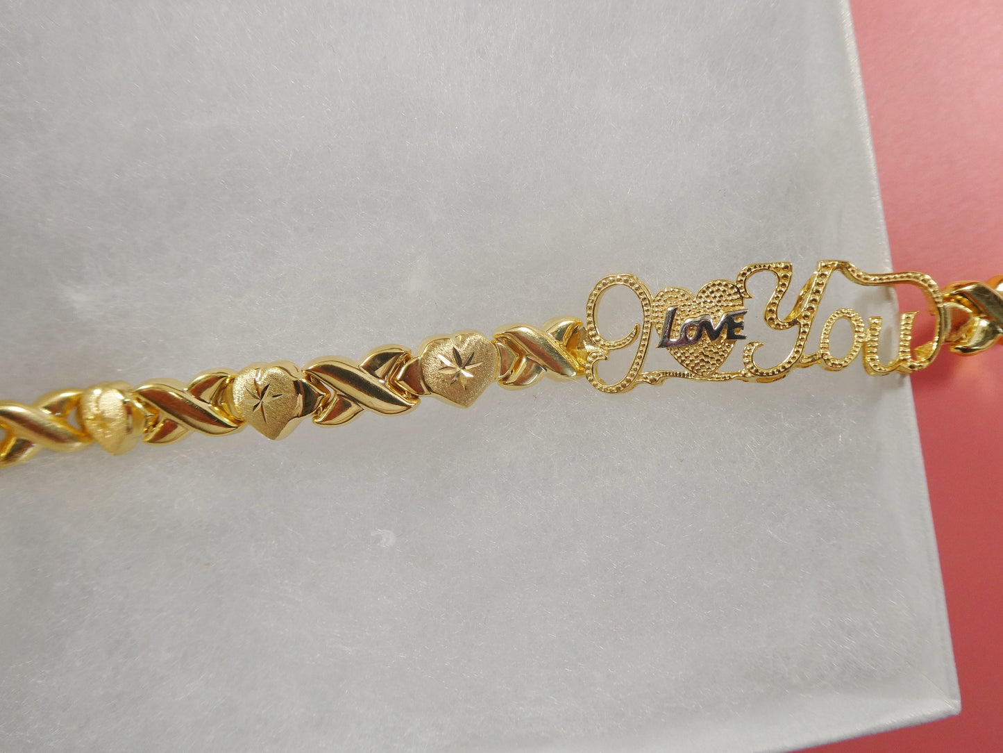 real 925 sterling silver I love you xo heart stampato bracelet 14k yellow gold tone finish