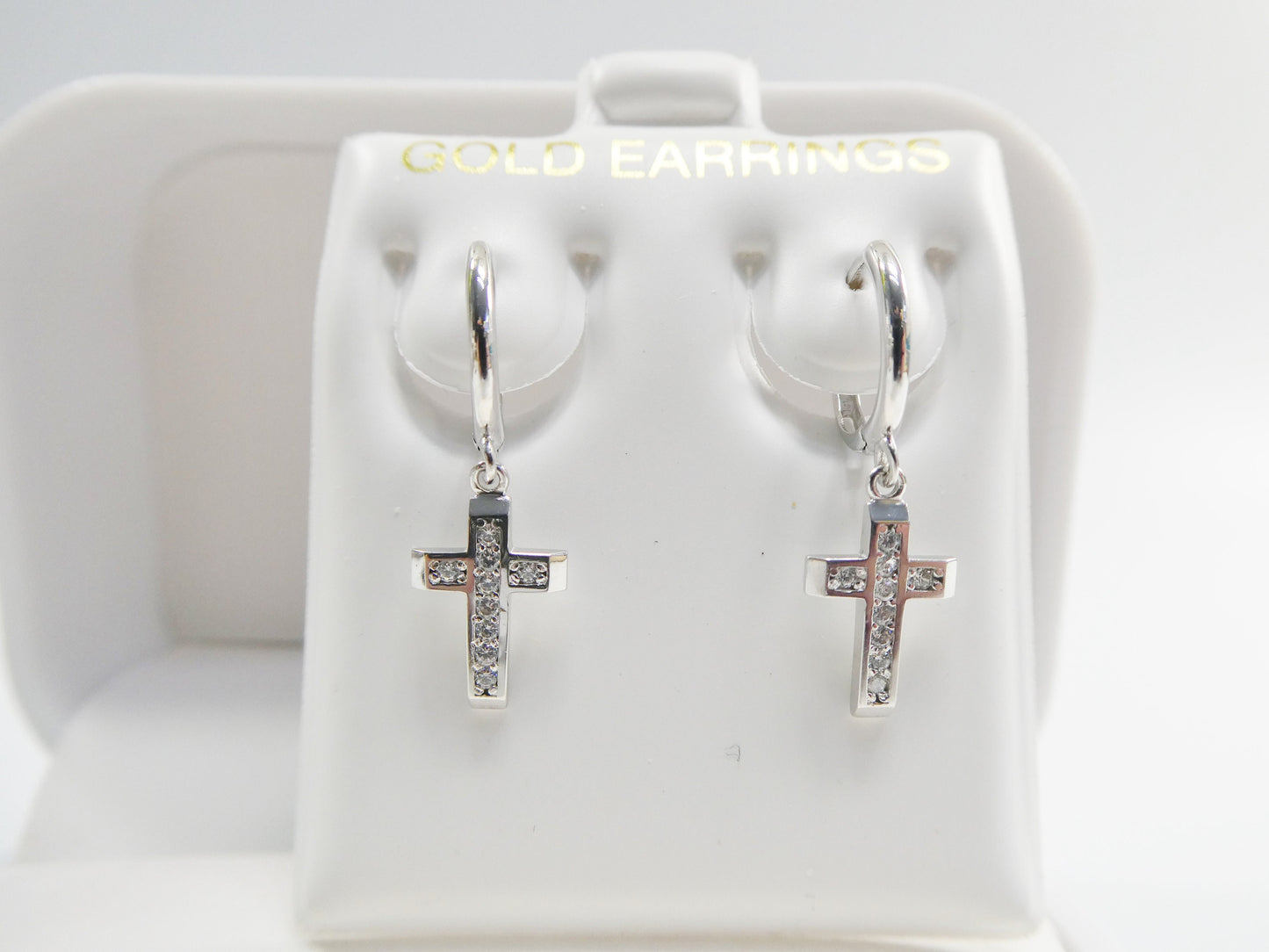 10k real solid yellow gold 1.5mm stone setting cross dangle on plain huggie hoop fancy earrings