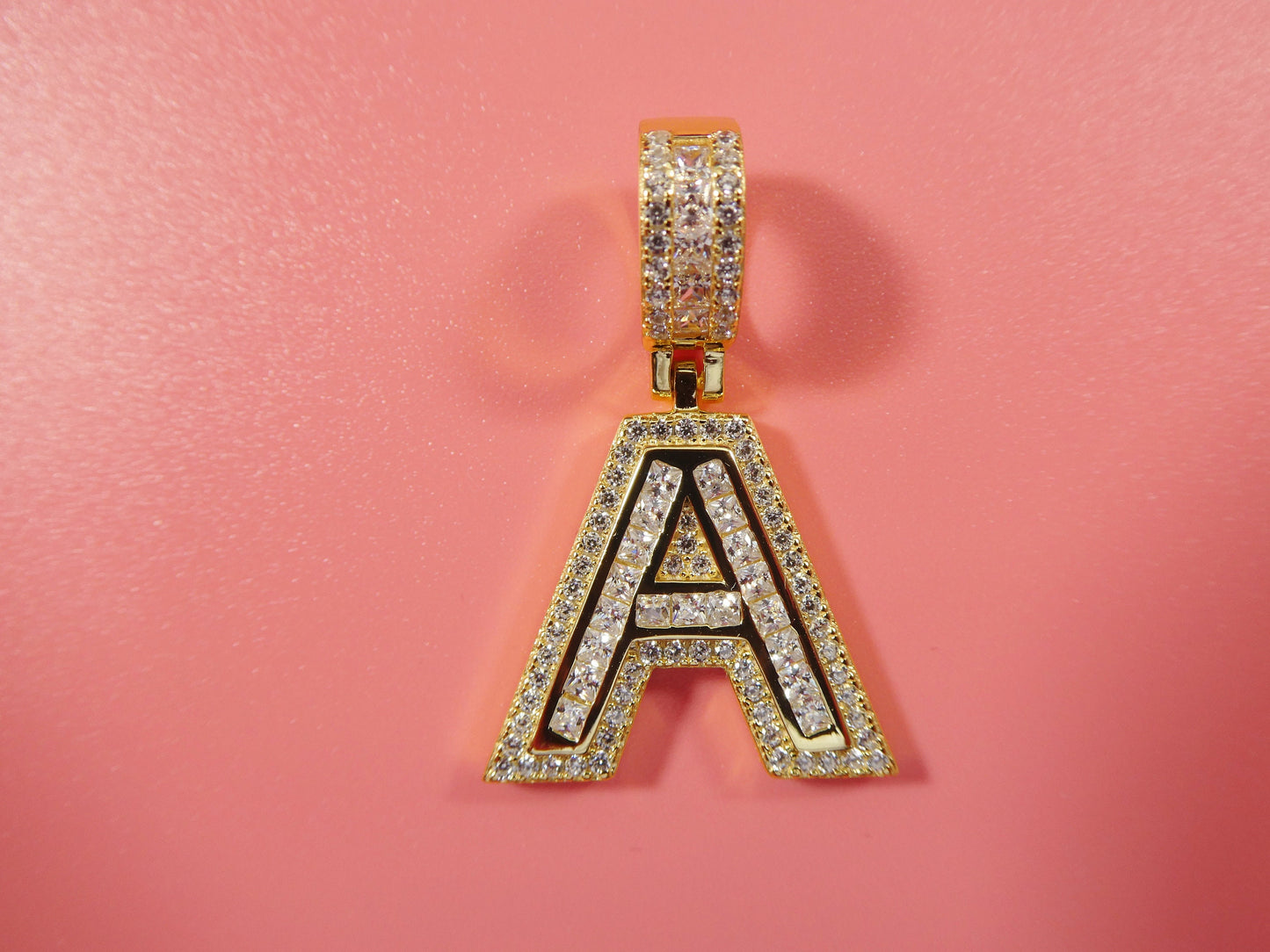 real 925 sterling silver yellow gold color tone baguette initial pendent with 18 inch small Miami chain