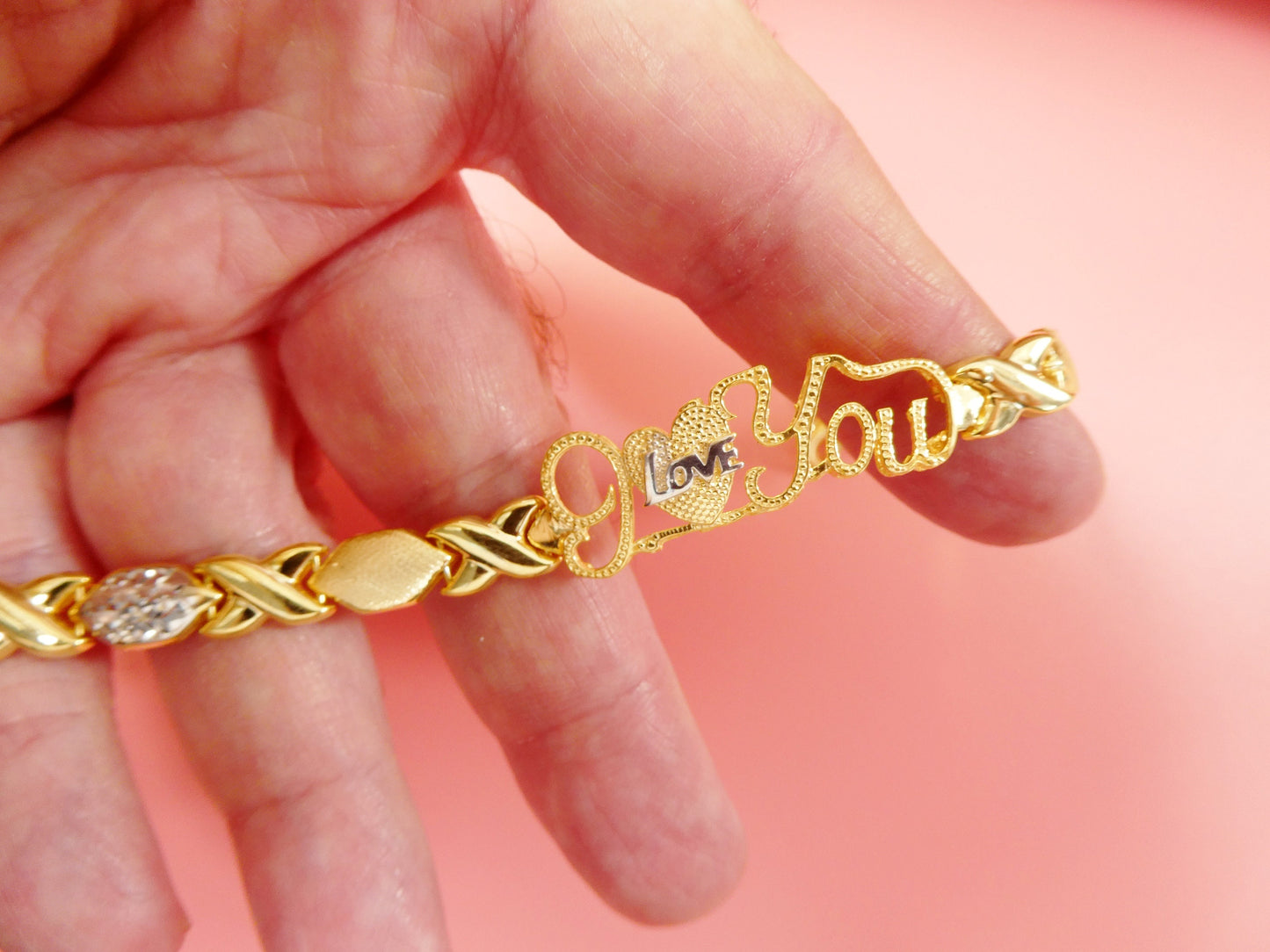 real 925 sterling silver I love you xo xo stampato bracelet 14k yellow gold two tone finish