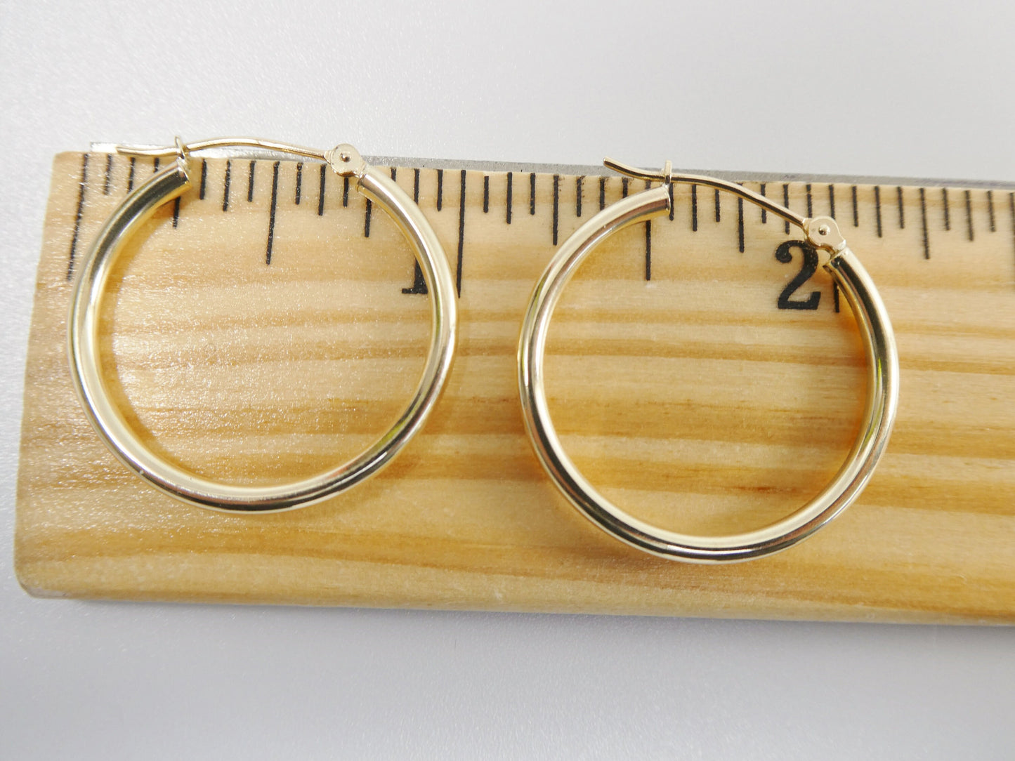 14K real solid yellow gold 2mm / 25mm round hoop earring snap closure high polish finish