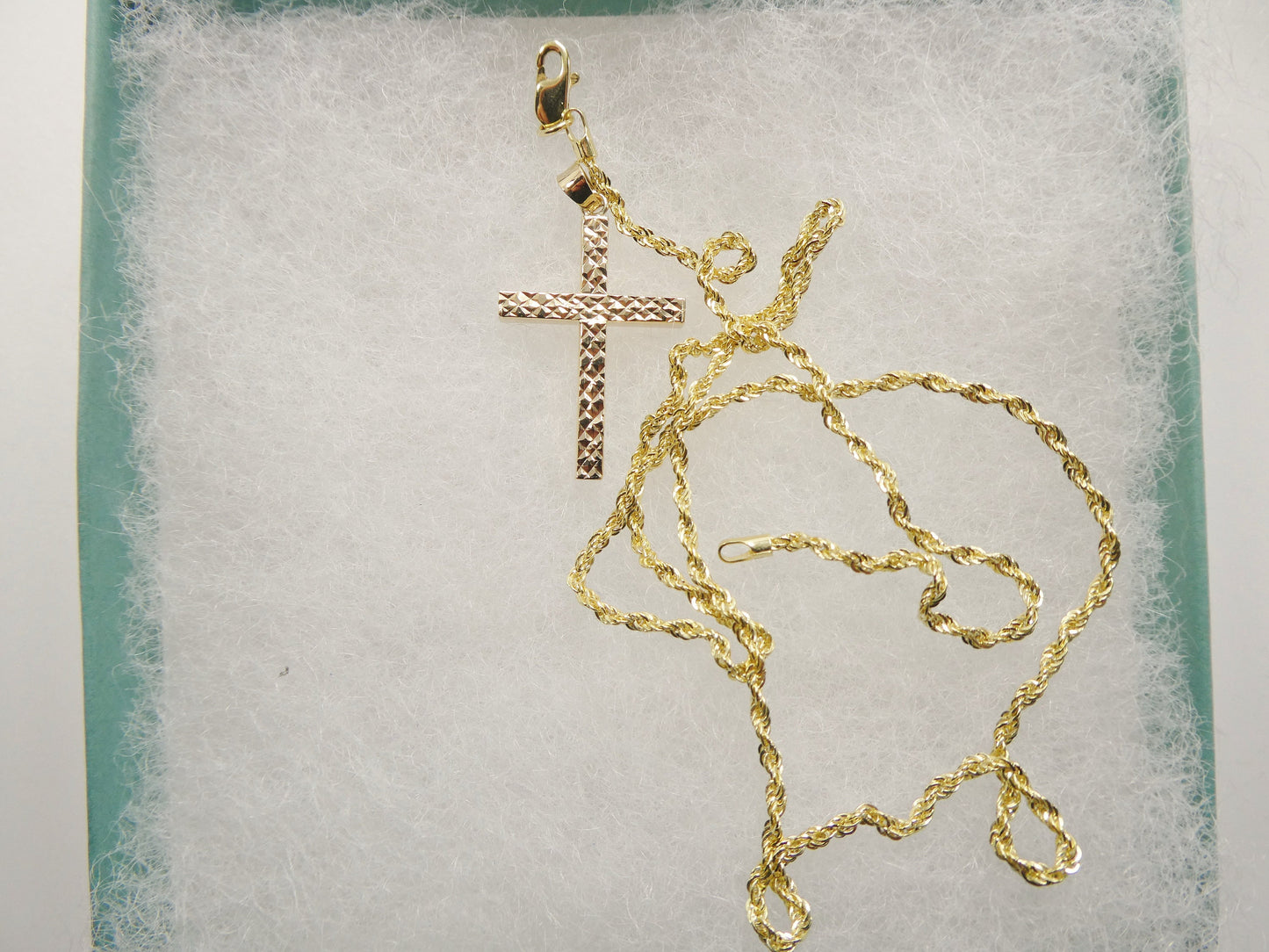 14k real solid yellow gold diamond cut cross pendent and robe necklace