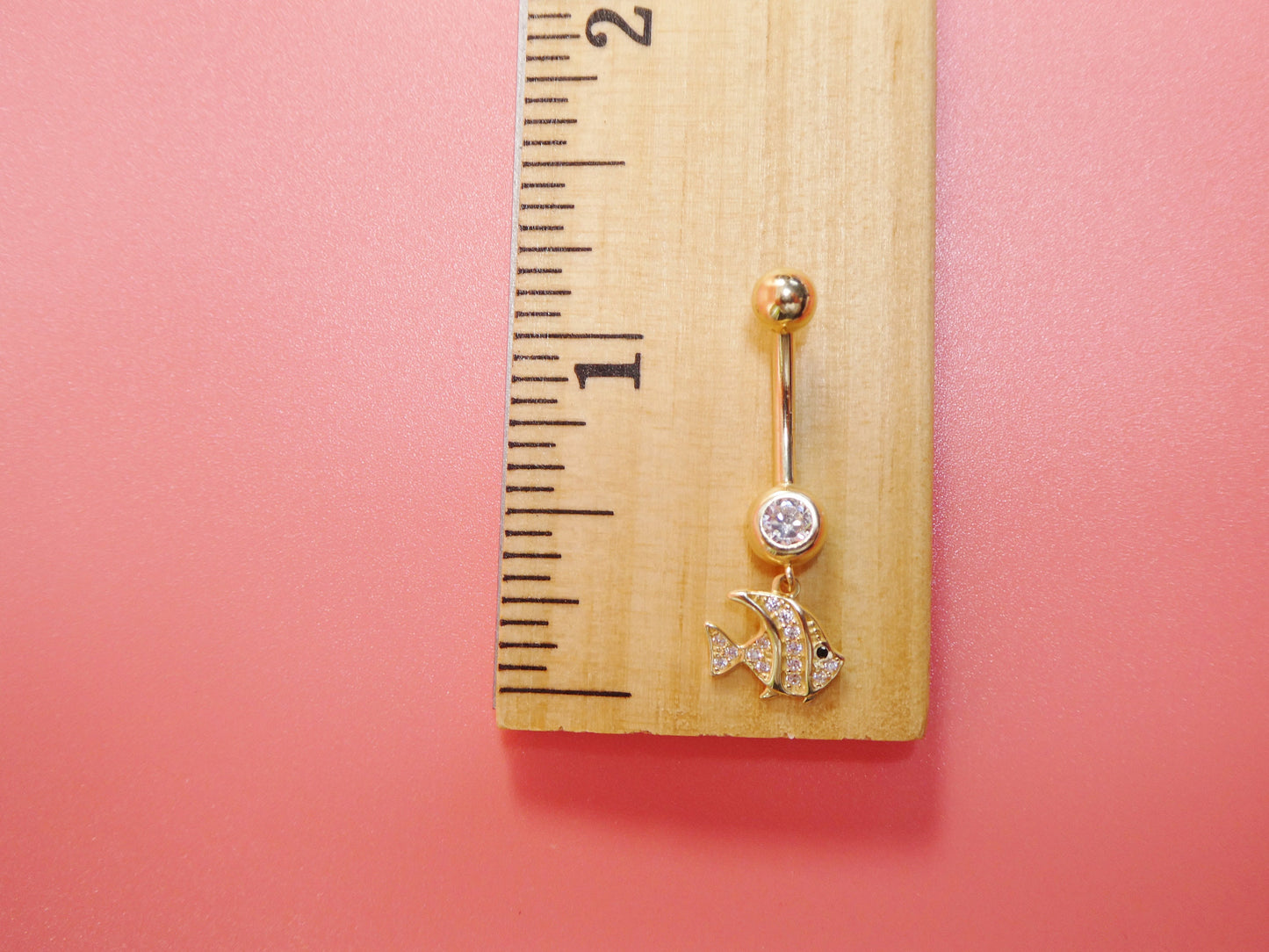 14k real solid yellow gold fish dangling belly button ring piercing