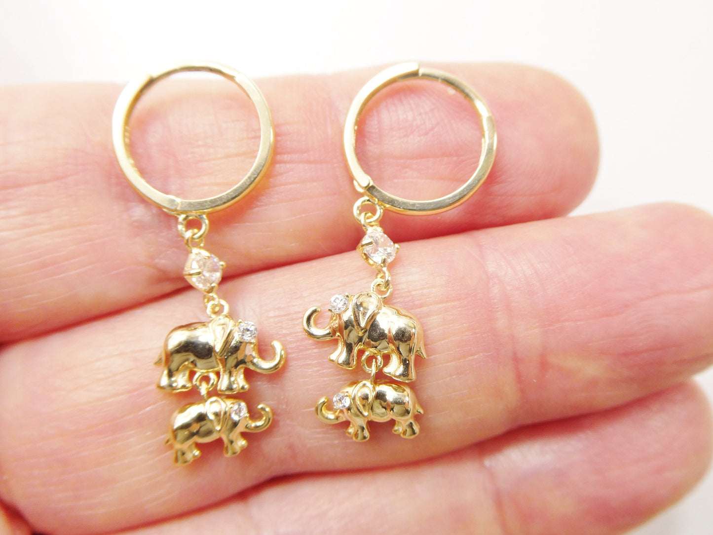 real 10k solid yellow gold double elephant dangling hoop huggie earring