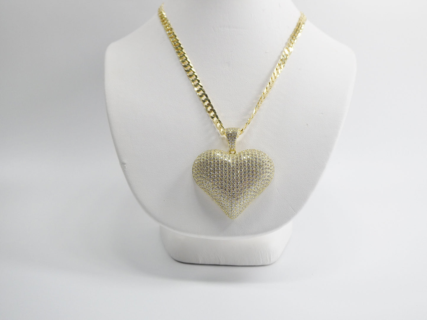 14k yellow gold color tone chain and large heart charm pendent over real 925 sterling silver