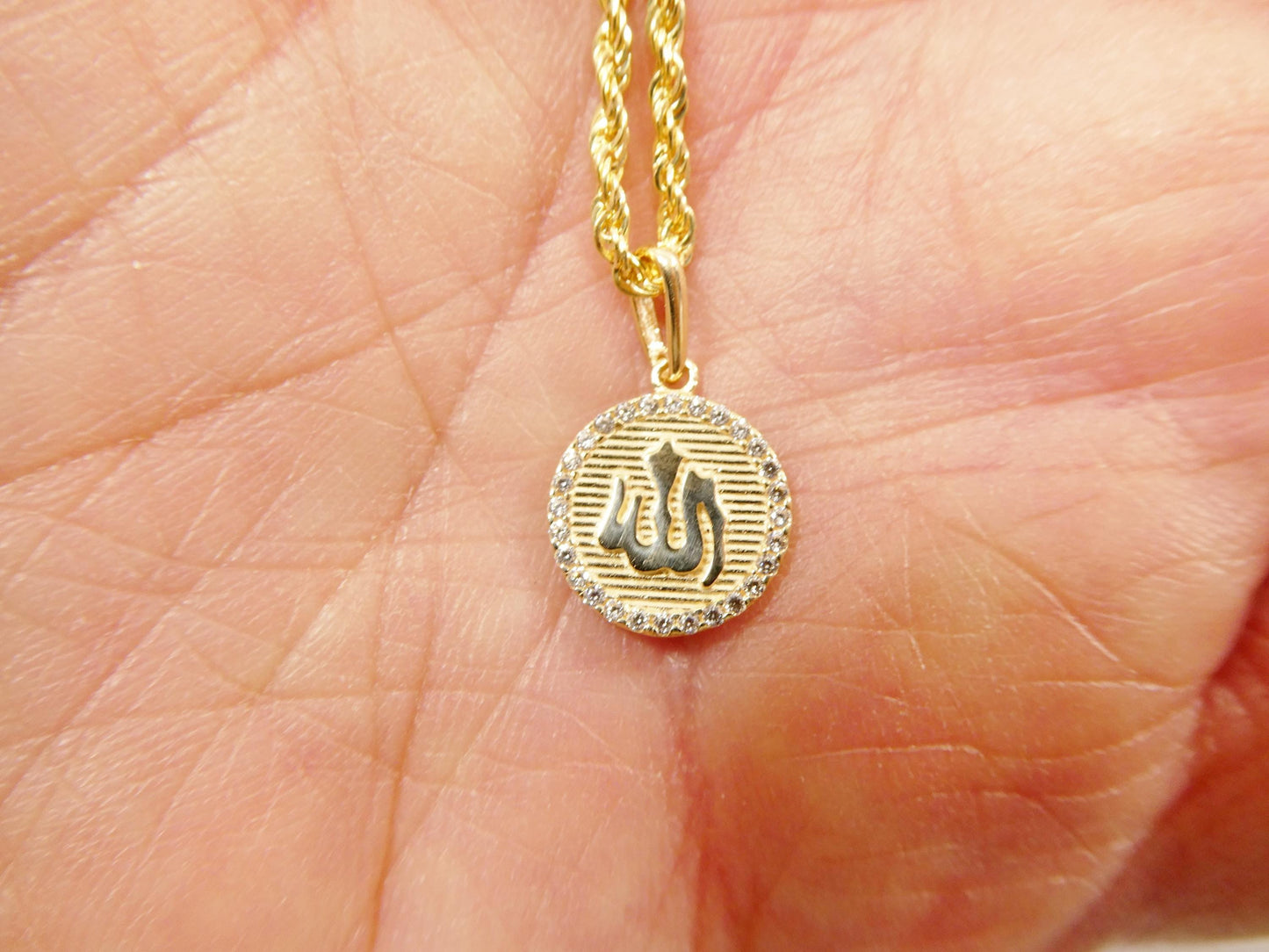 14k real solid yellow gold muslim pendent and rope necklace