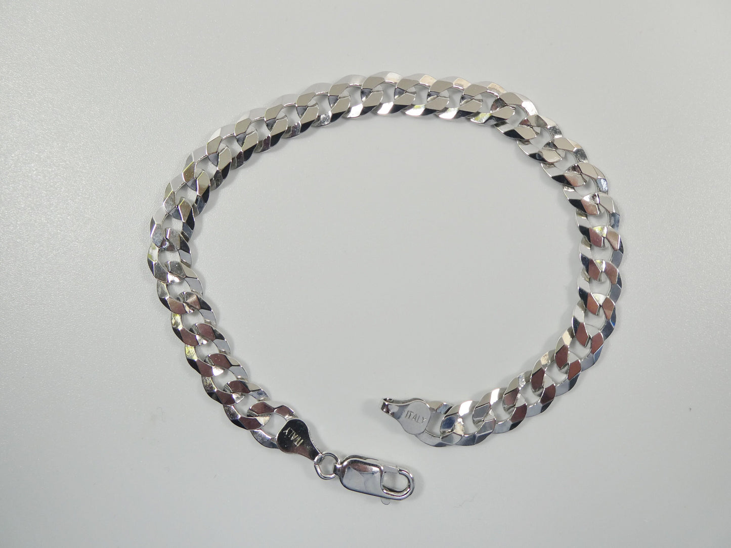 real 925 sterling silver 8 inch bracelet Italian flat curb 6mm / 7mm / 8mm 14k white gold finish