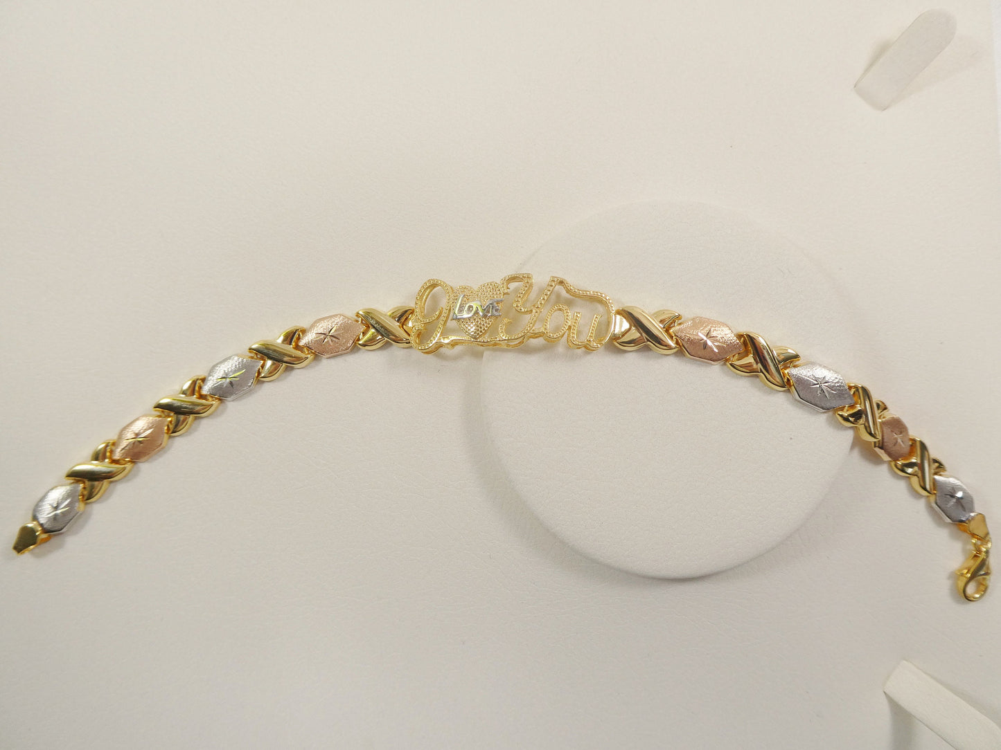 real 925 sterling silver I love you xo xo stampato bracelet 14k yellow gold tri color tone finish