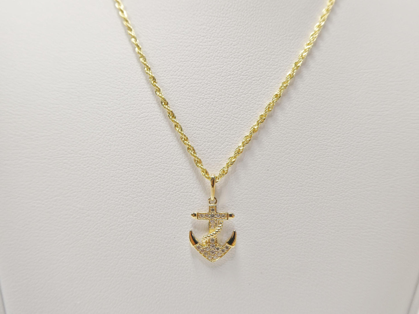 14k real solid yellow gold anchor pendent and rope necklace