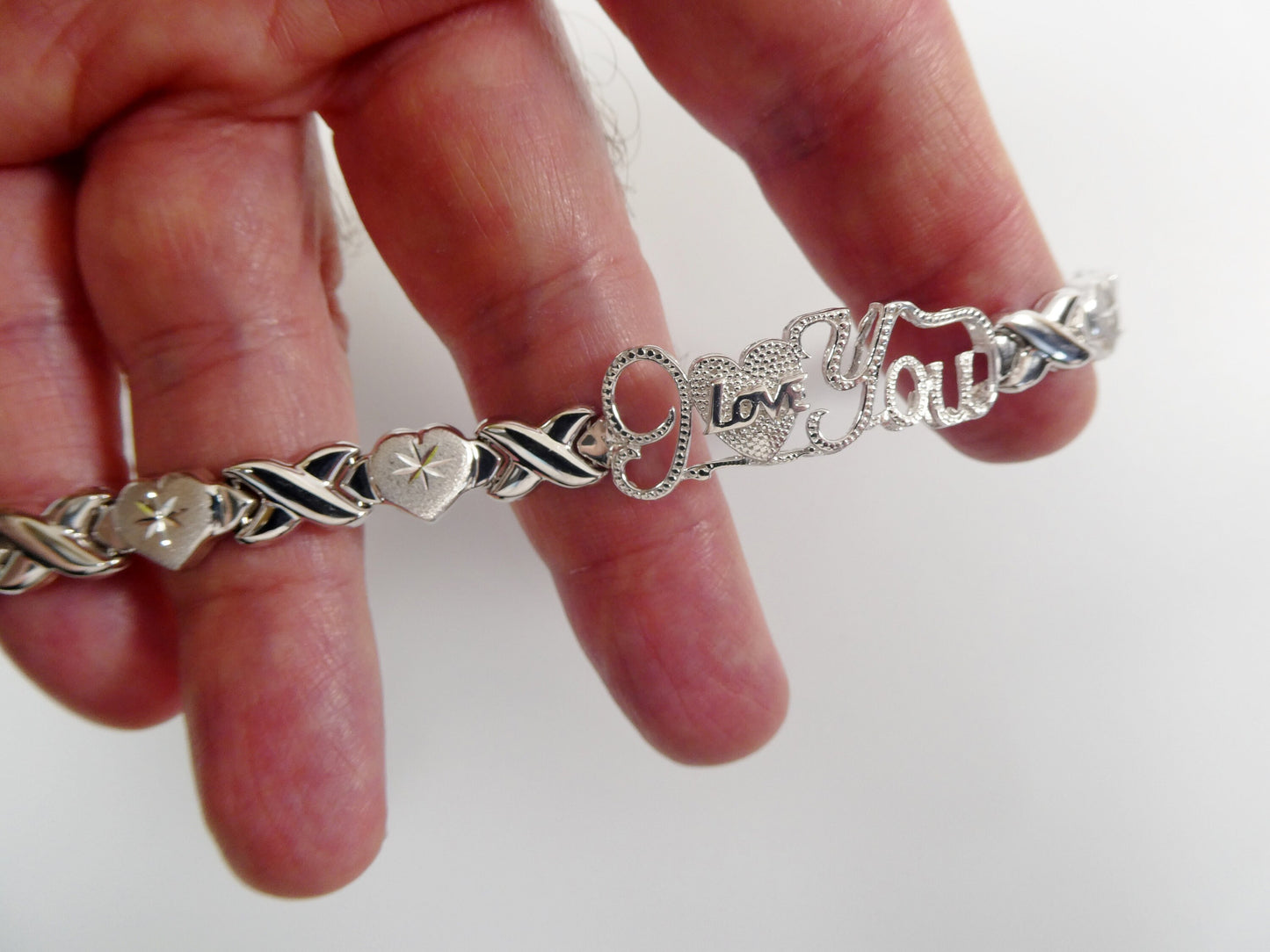 real 925 sterling silver I love you xo x heart stampato bracelet 14k white gold finish