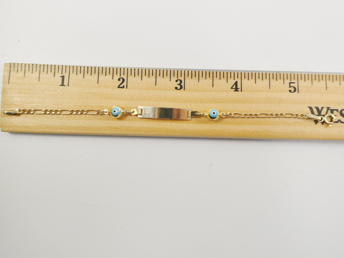 14K real solid yellow gold 5.5 inch Figaro style evil eye baby ID bracelet
