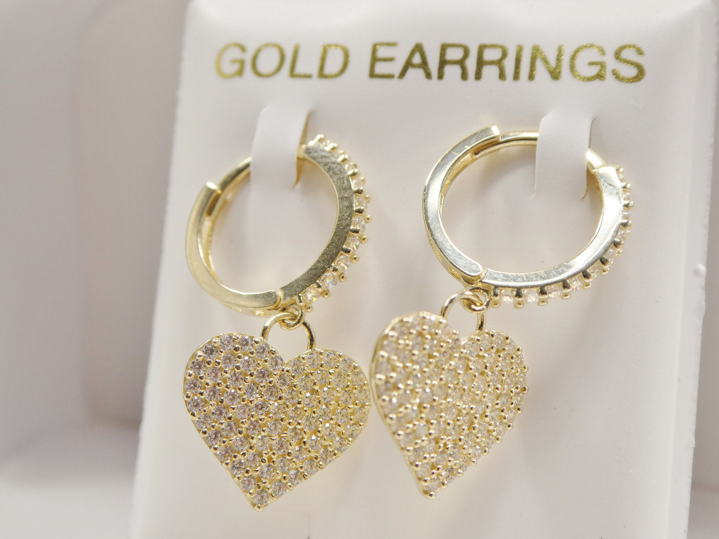 real 10k solid yellow gold dangle heart full micro fave setting hoop huggie earring