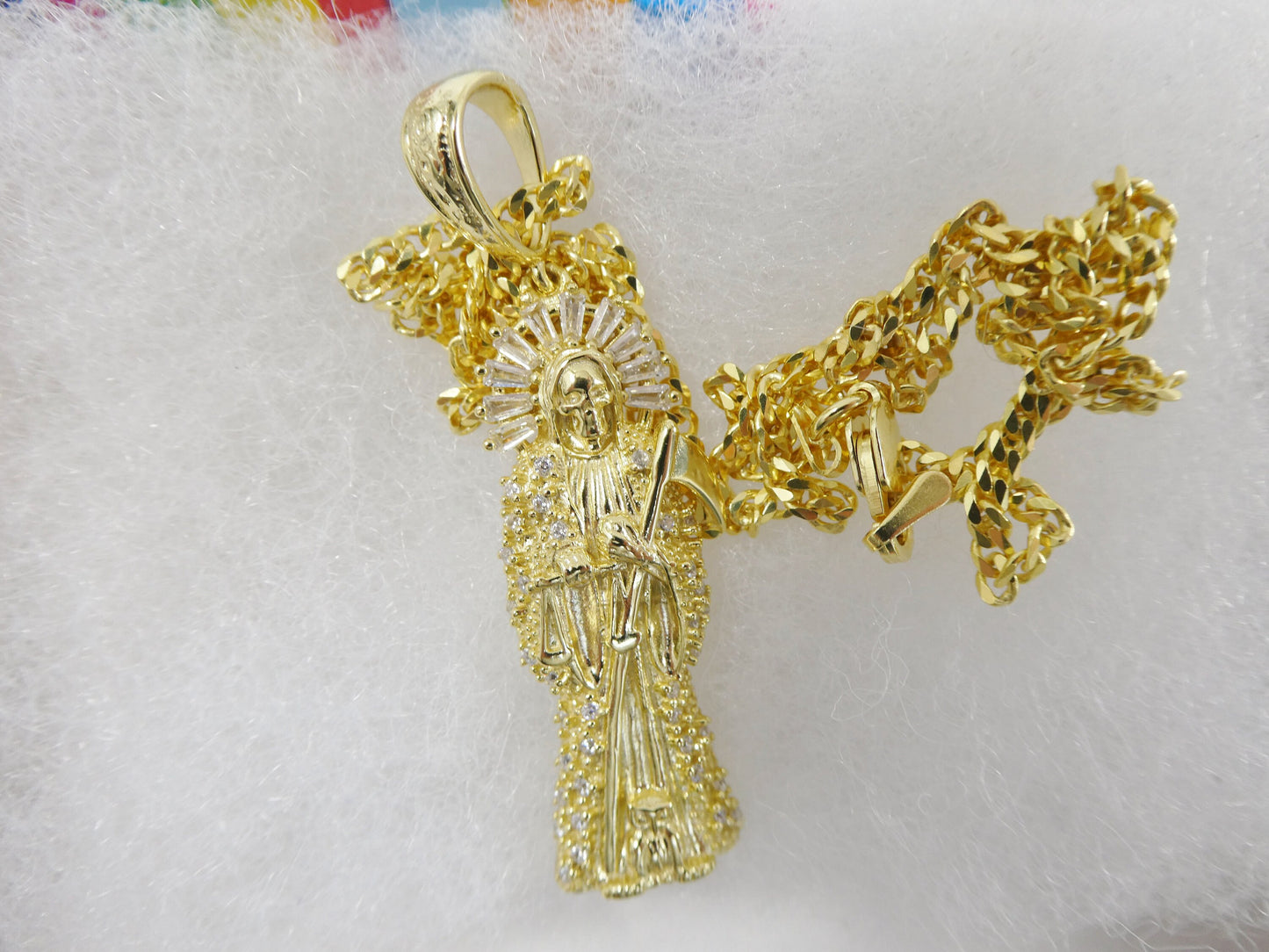 real 925 sterling silver 18 inch flat chain and santa muerte pendent charm14k yellow gold finish