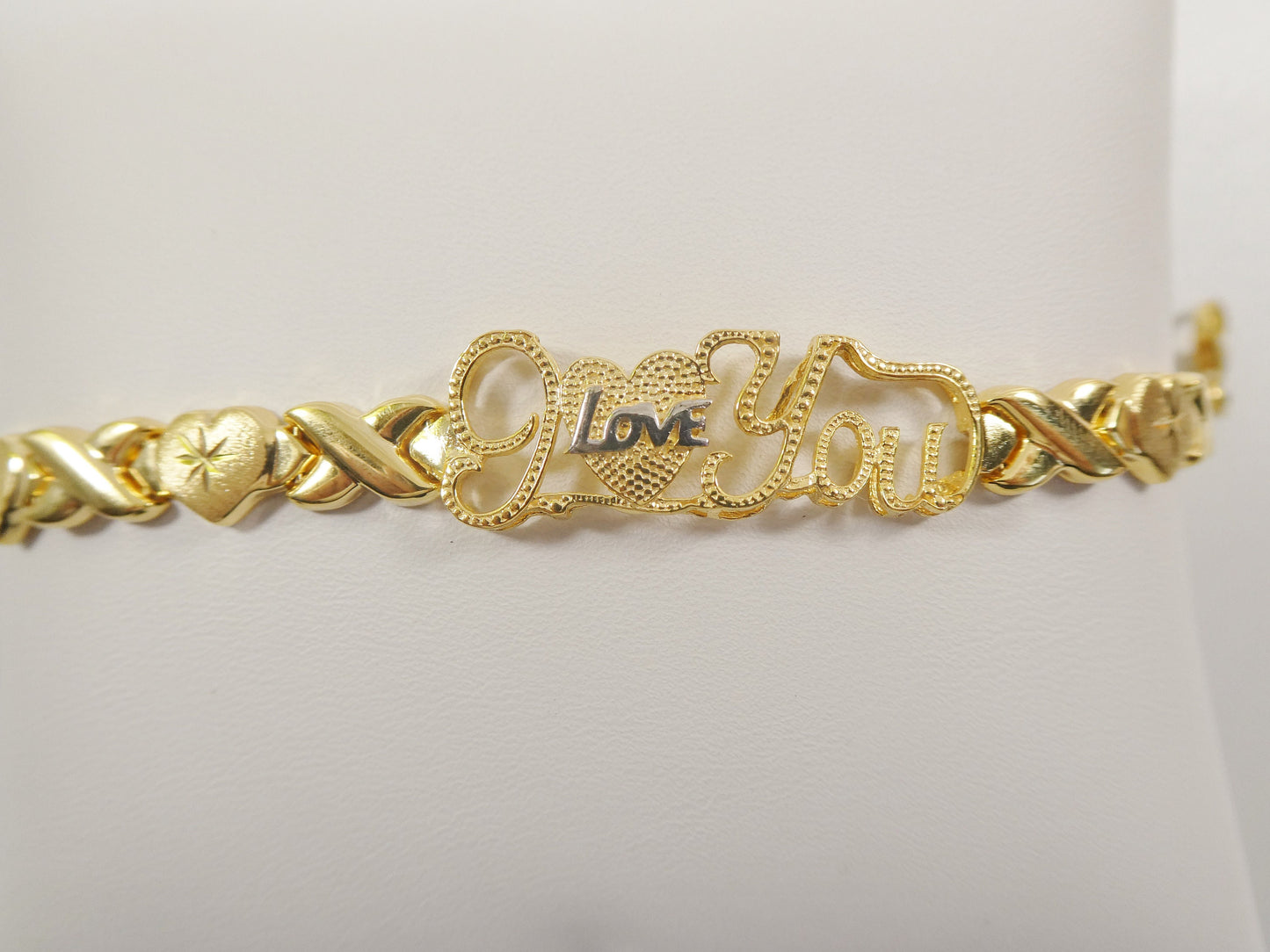 real 925 sterling silver I love you xo heart stampato bracelet 14k yellow gold tone finish