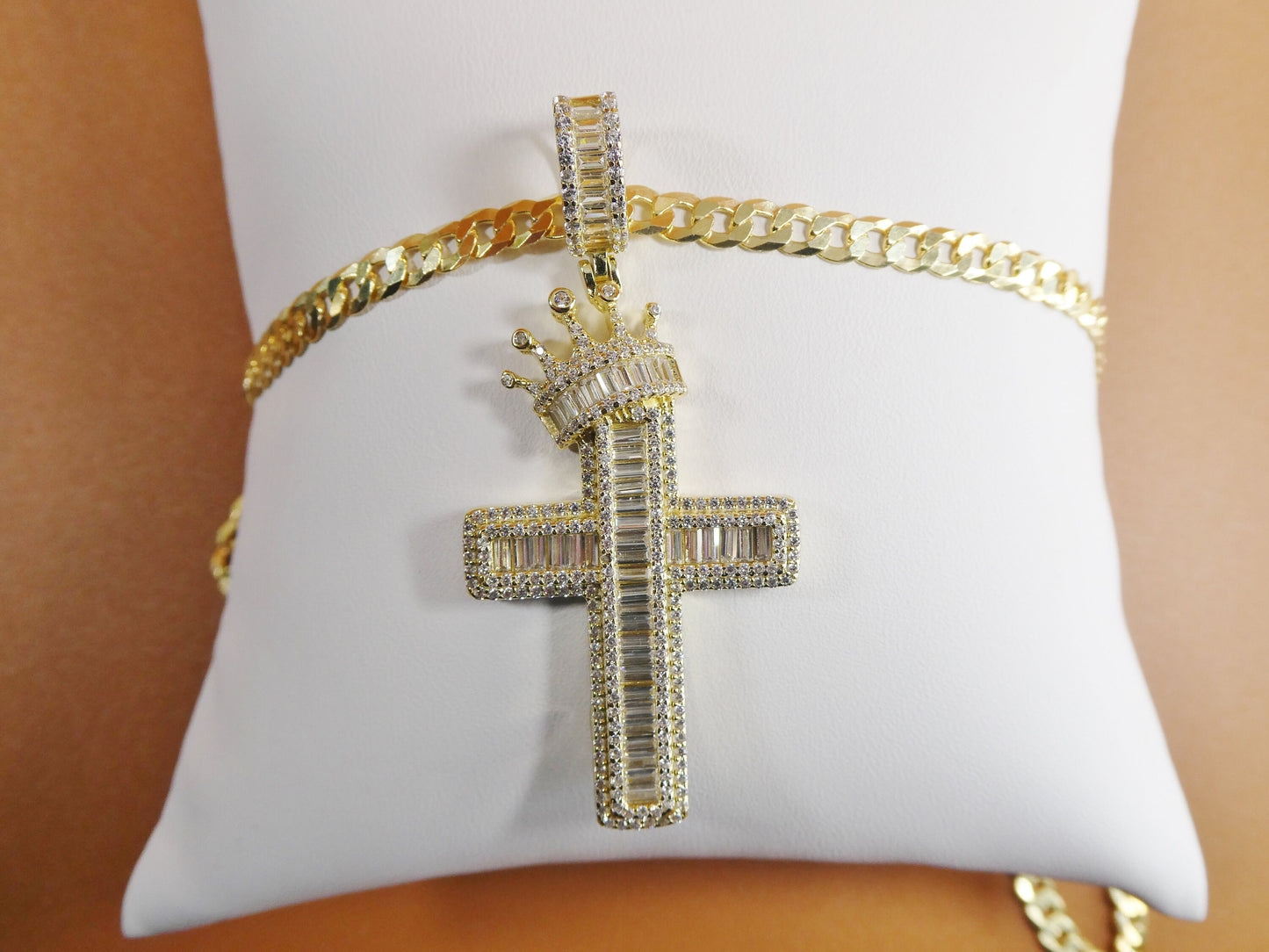 14k yellow gold color tone chain and cross charm pendent over real 925 sterling silver