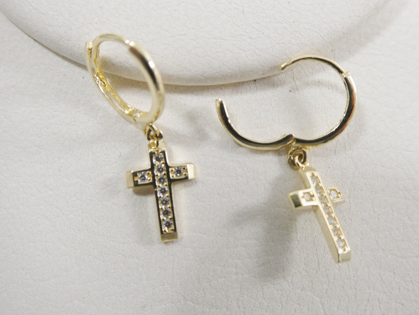 10k real solid yellow gold 1.5mm stone setting cross dangle on plain huggie hoop fancy earrings