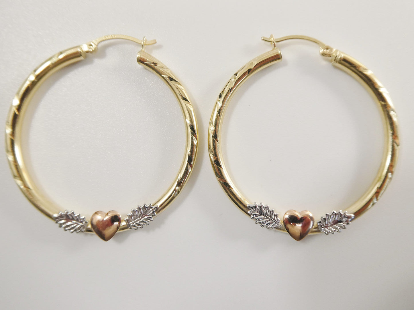 14K real solid yellow gold 3mm /40mm/45MM tri color heart center snap hoop earring