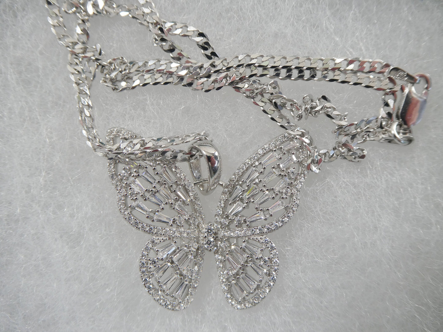 real 925 sterling silver baguette setting butterfly chain and pendent