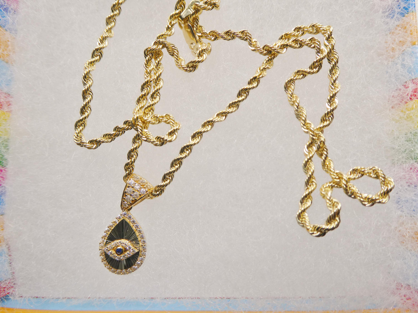 10k real solid yellow gold evil eye pendent and rope necklace